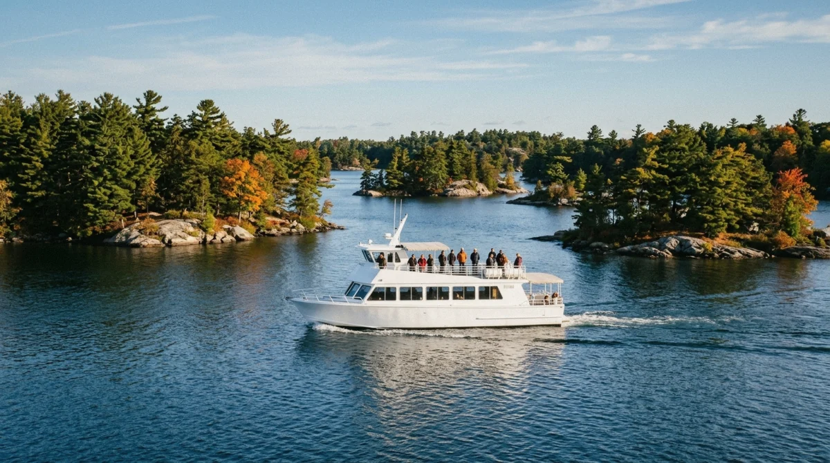 A 1000 Islands cruise boat passing wooded islands on the St. Lawrence River near Gananoque in early autumn